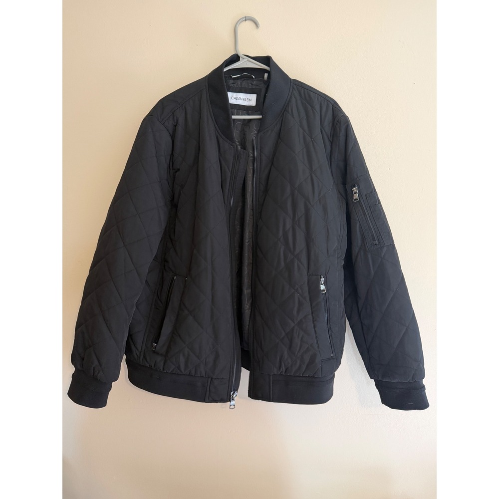 Calvin Klein Mens Black Quilted Bomber Jacket Full Zip Utility Pocket L/G